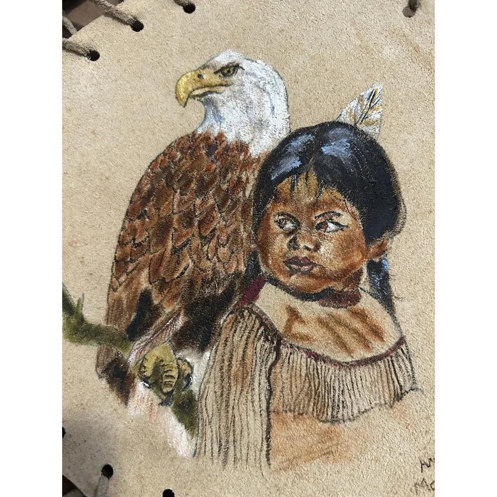 Cow Hide Painted With American Indian Girl And American Eagle Wall Hanging